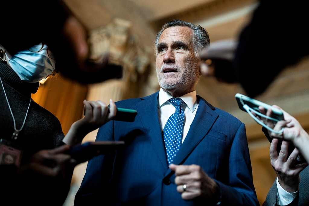 (Haiyun Jiang | The New York Times) Sen. Mitt Romney, R-Utah, speaks to the press in the Capitol, on Nov. 29, 2022. Senate Minority Leader Mitch McConnell told Politico in an interview that he is willing to support Romney against challengers from within the party, as he did for other anti-Trump Republican incumbents during the midterm election.