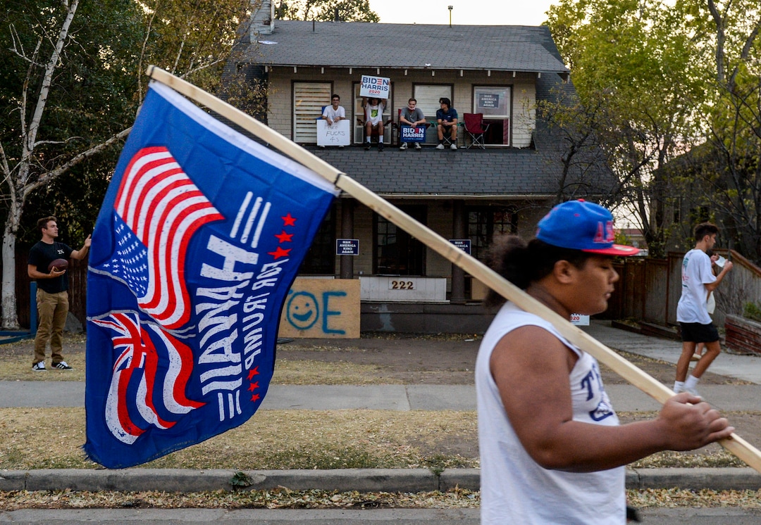 (Leah Hogsten  |  The Salt Lake Tribune) Protesters clash at the University of Utah as Vice President Mike Pence and Sen. Kamala Harris face off in their one and only debate at Kingsbury Hall, Oct. 7, 2020.
