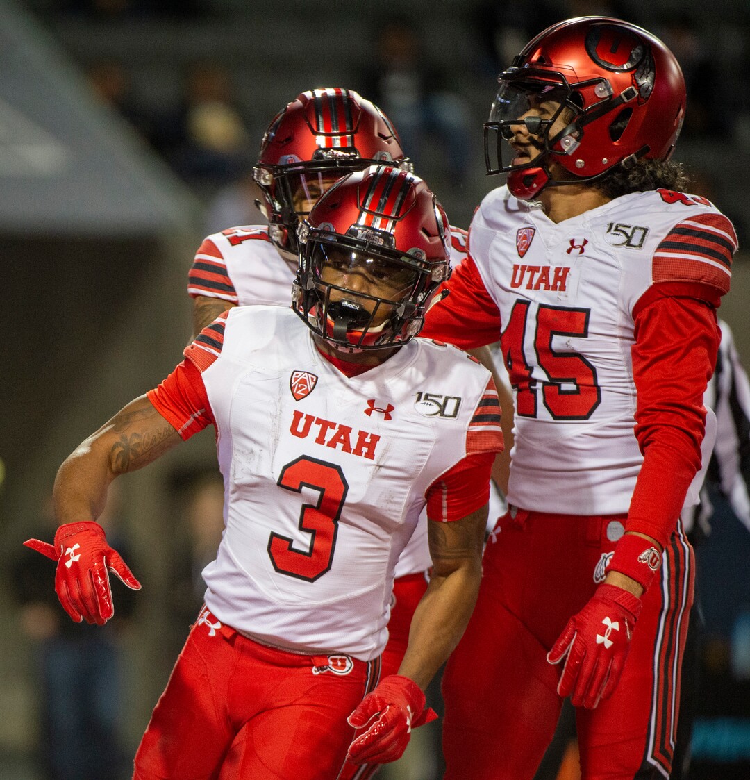 (Rick Egan  |  The Salt Lake Tribune)      Utah Utes wide receiver Demari Simpkins reacts after scoring a touchdown, in PAC-12 action between the Utah Utes and the Arizona Wildcats in Tucson, Saturday, Nov. 23, 2019.