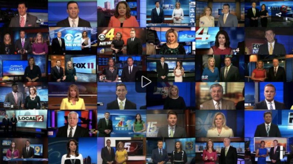 (Courtesy Deadspin) This screenshot of Deadspin's video showing dozens of anchors at Sinclair Broadcast Group stations across the country features KUTV's Shauna Lake and and Mark Koelbel (second column from right, third box down).