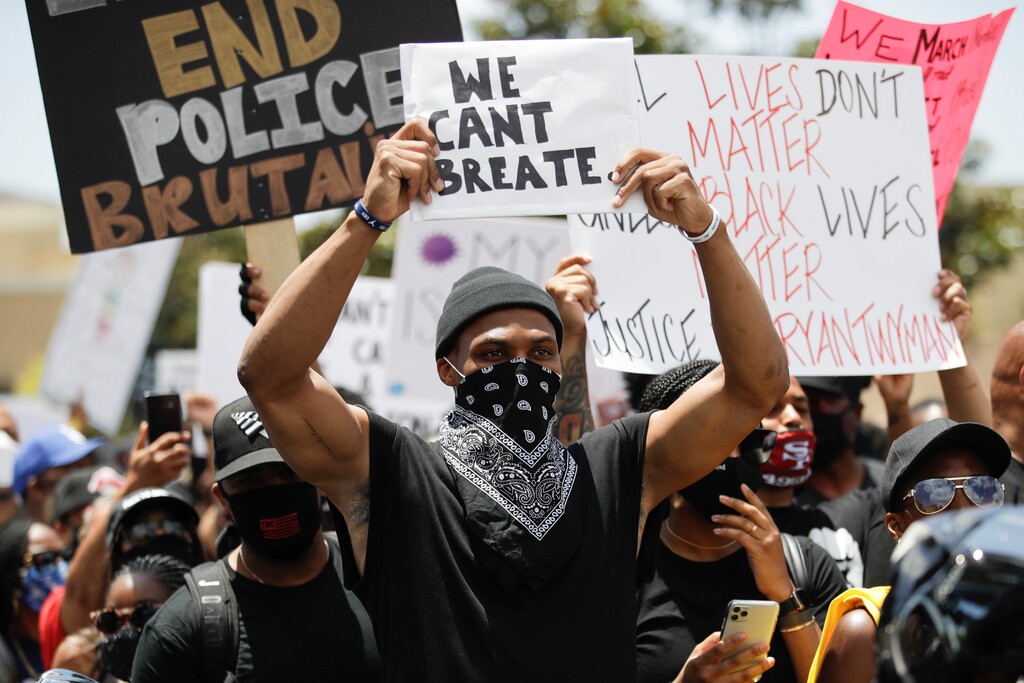 NBA basketball player Russell Westbrook joins demonstrators Sunday June, 7, 2020 in Compton, Calif., during a protest over the death of George Floyd who died May 25 after he was restrained by Minneapolis police. (AP Photo/Marcio Jose Sanchez)
