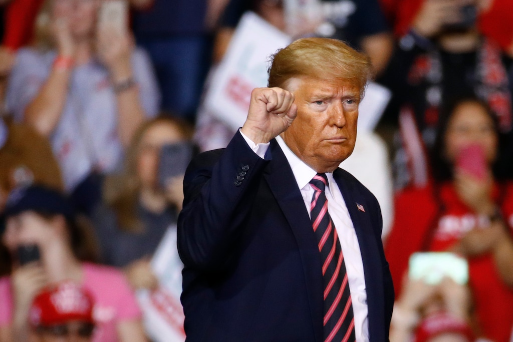 (Patrick Semansky | AP) President Donald Trump gestures as he walks offstage after speaking at a campaign rally, Friday, Feb. 21, 2020, in Las Vegas.