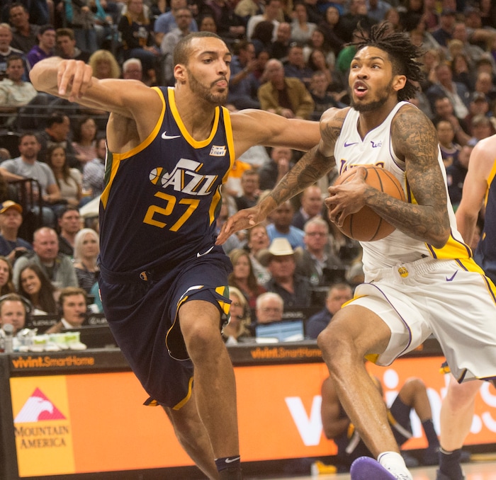 (Rick Egan  |  The Salt Lake Tribune)   Los Angeles Lakers forward Brandon Ingram (14) tries too get past Utah Jazz center Rudy Gobert (27), in NBA action, Utah Jazz vs. Los Angeles Lakers, in Salt Lake City, Saturday, October 28, 2017.Saturday, October 28, 2017.