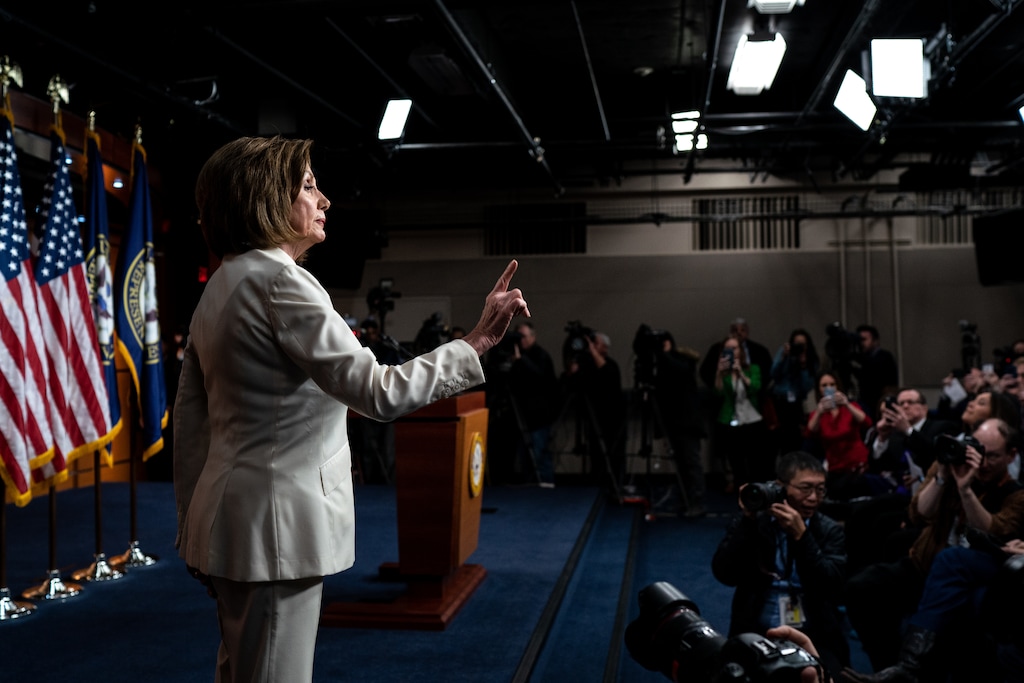 (Erin Schaff | The New York Times) House Speaker Nancy Pelosi (D-Calif.) responds to reporter James Rosen after he asked whether she hated President Donald Trump, following a news conference at the Capitol in Washington on Thursday, Dec. 5, 2019.
"I’ve thought about the word “hate” a lot. Not, as Nancy Pelosi said, in relation to being Catholic. But in relation to being a woman," writes Maureen Dowd.