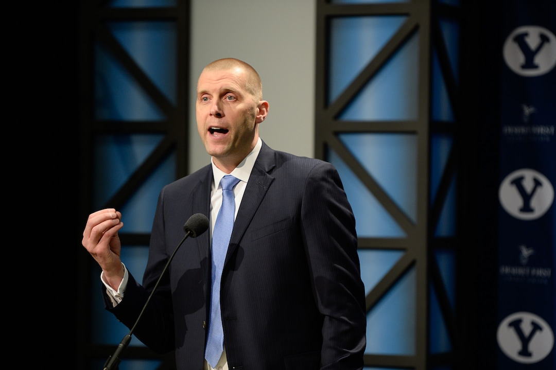 (Francisco Kjolseth  |  The Salt Lake Tribune)  BYU announces Mark Pope as its new head basketball coach during a press event at the BYU broadcasting building on Wed. April 10, 2019.