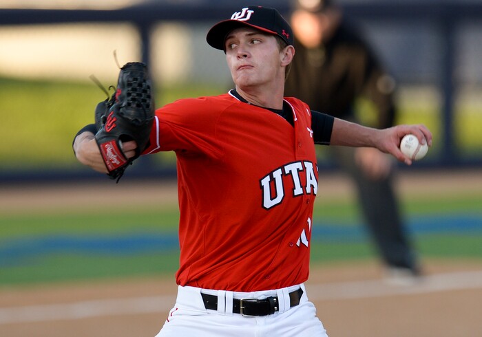 (Leah Hogsten  |  The Salt Lake Tribune) Utah relief pitcher Riley Pierce takes the mound in the 4th inning as Brigham Young University hosts University of Utah at Miller Park, Tuesday, April 24, 2018 in Provo.