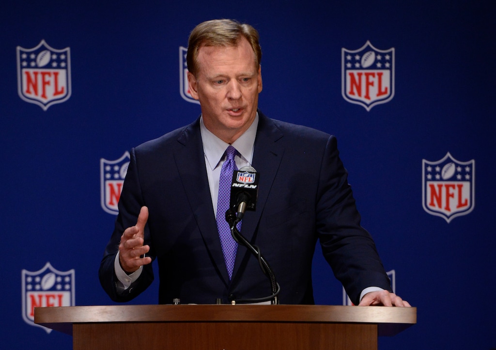 FILE - In this May 23, 2017, file photo, NFL commissioner Roger Goodell speaks to the media after an NFL owners meeting in Chicago. A year after the NFL launched the "Play Smart. Play Safe" initiative, pledging $100 million in support of independent medical research and engineering advancements, a huge chunk of that soon will be awarded to such research, primarily dedicated to neuroscience. (AP Photo/Paul Beaty, File)