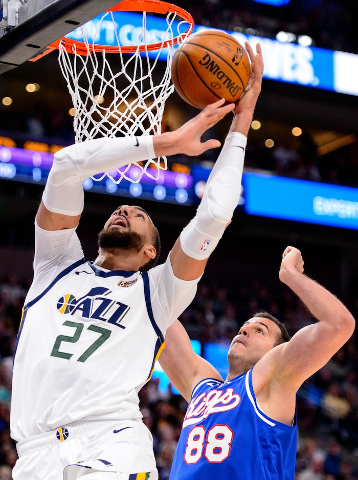(Trent Nelson  |  The Salt Lake Tribune) Utah Jazz center Rudy Gobert (27) shoots, defended by Sacramento Kings forward Nemanja Bjelica (88)  the Utah Jazz host the Sacramento Kings, NBA basketball in Salt Lake City on Saturday, Jan. 18, 2020.