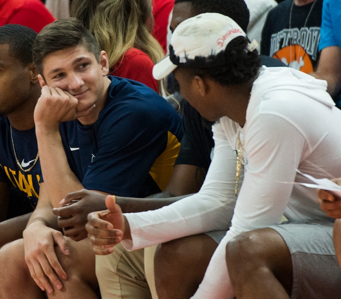 (Rick Egan  |  The Salt Lake Tribune)      Jazz guard Grayson Allen jokes with  Donovan Mitchell on the bench, in Utah Jazz summer league action between Utah Jazz and Memphis Grizzlies in Salt Lake City, Tuesday, July 3, 2018.