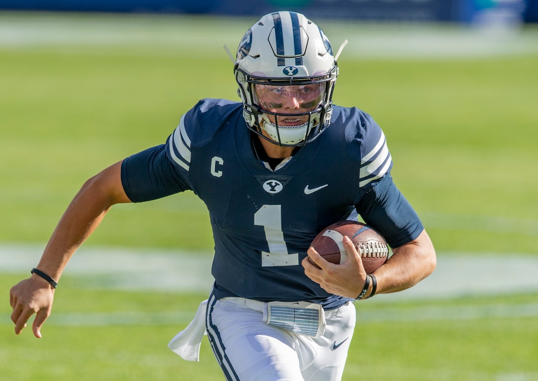 (Rick Egan  |  The Salt Lake Tribune)    Brigham Young quarterback Zach Wilson (1) runs the ball for the Cougars, in football action between the Brigham Young Cougars and the UTSA Roadrunners, at Lavell Edwards stadium, Saturday, Oct. 10, 2020.