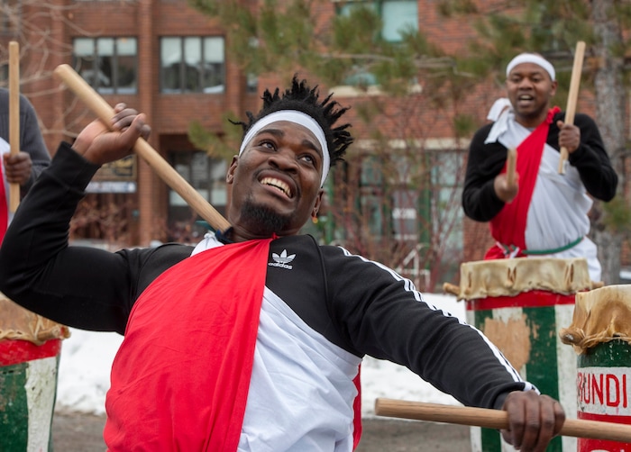 (Rick Egan  |  The Salt Lake Tribune)     The Zuzu Cladery and Alex Ngendakuriyo perform with the Jambo Africa Burundi Drummers, at the Sundance bonfire community gathering on Swede Alley, in Park City, Thursday, Jan. 30, 2020.