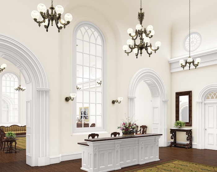 (Courtesy of The Church of Jesus Christ of Latter-day Saints) This rendering shows the remodeled recommend desk in the St. George Temple.