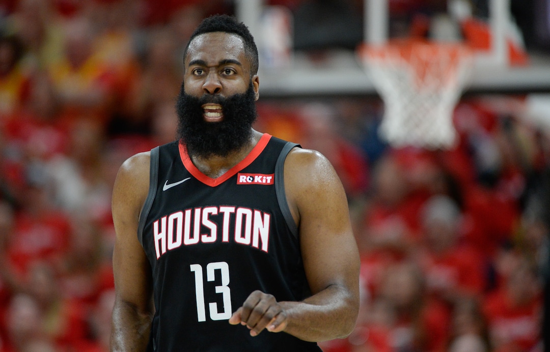 (Francisco Kjolseth  |  The Salt Lake Tribune)  Houston Rockets guard James Harden (13) and his infamous beard takes on the Jazz in Game 3 of a first-round NBA basketball playoff series in Salt Lake City, Saturday, April 20, 2019.