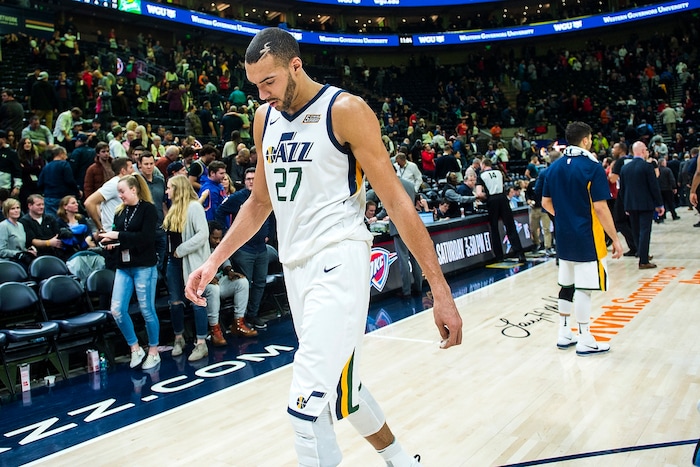 (Chris Detrick  |  The Salt Lake Tribune)  Utah Jazz center Rudy Gobert (27) walks off of the court after the game at Vivint Smart Home Arena Saturday, January 20, 2018.  New York Knicks defeated Utah Jazz 117-115.