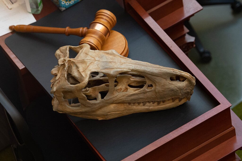 (Francisco Kjolseth  | Tribune file photo) A Utahraptor skull reconstruction is displayed next to the speaker’s seat in the House chamber at the Capitol in Salt Lake City on Friday, March 5, 2021, the final day of the Utah Legislature’s 2021 general session. HB 322 creates a state park in Utah that would protect the dinosaur quarry in the Dalton Wells area near Moab.