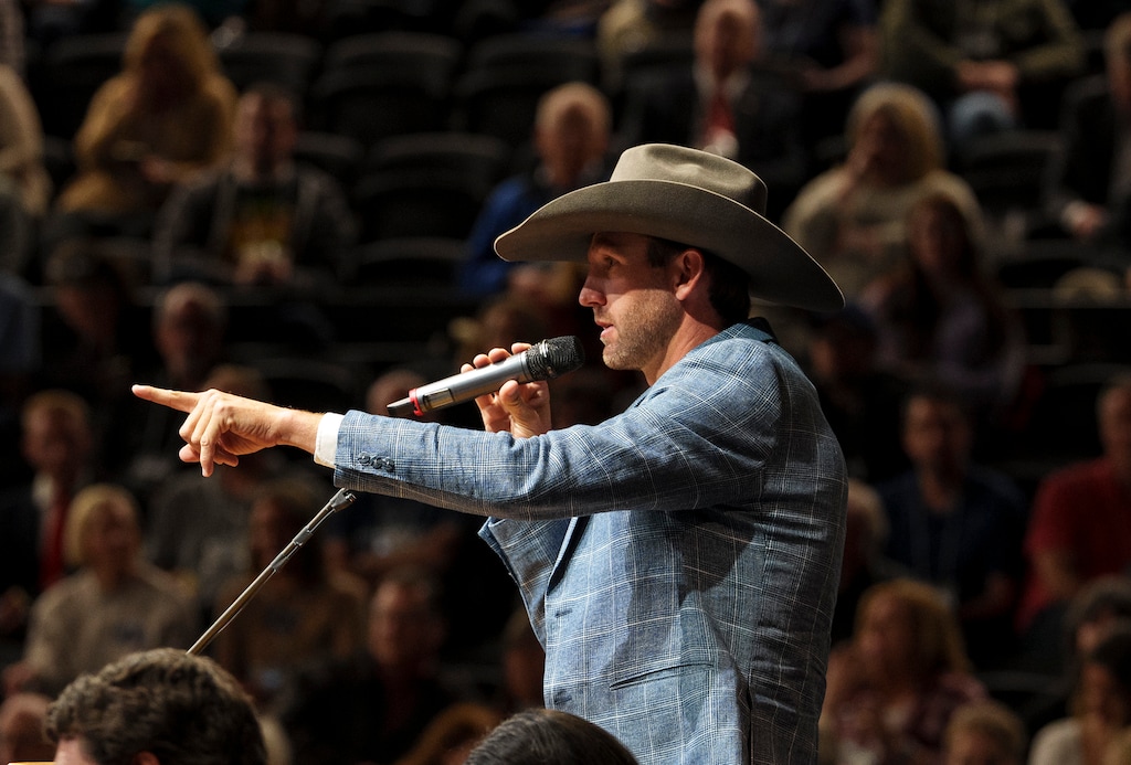 (Leah Hogsten | The Salt Lake Tribune) Outgoing Utah Party Chairman Carson Jorgensen leads the Utah Republican Party 2023 Organizing Convention at Utah Valley University's UCCU Center on Saturday, April 22, 2023. Jorgensen is challenging Gov. Spencer Cox in Utah's 2024 GOP gubernatorial primary.
