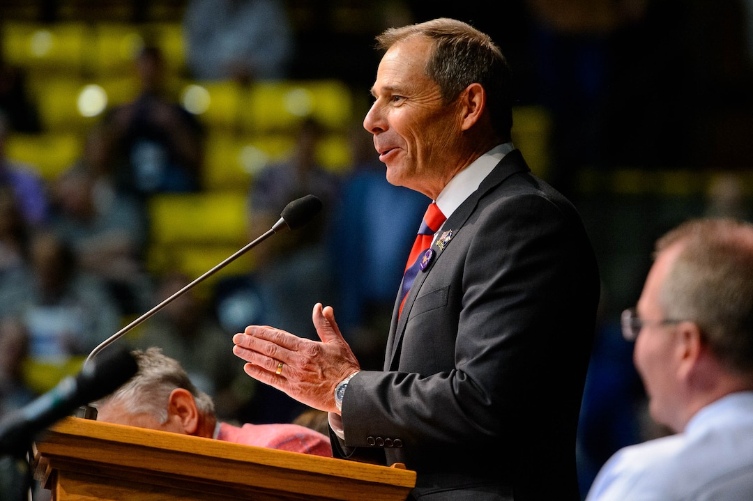 (Trent Nelson  |  The Salt Lake Tribune)  Rep. John Curtis, R-Utah, speaks at the Utah Republican Party's 2019 Organizing Convention at Utah Valley University in Orem on Saturday May 4, 2019.