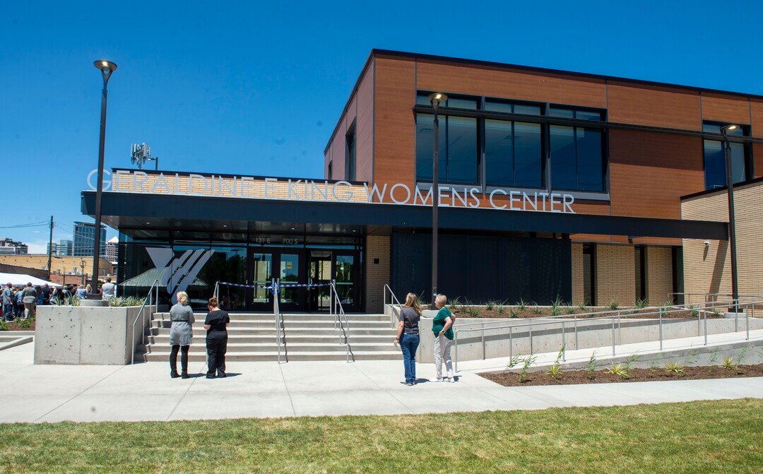 (Rick Egan  |  The Salt Lake Tribune)      Crowds gather for the ribbon cutting ceremony for the Geraldine E. King Women's Resource Center, one of three new shelters that will replace the Road Home. Friday, June 21, 2019.