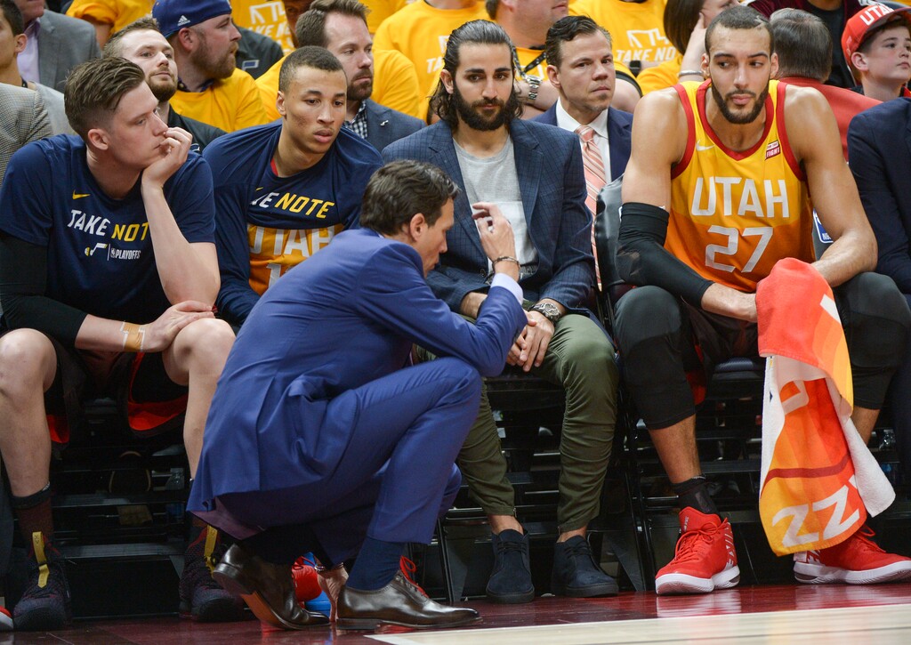 (Leah Hogsten  |  The Salt Lake Tribune)  Utah Jazz head coach Quin Snyder talks with the bench in the second half. The Houston Rockets defeated the Utah Jazz 113-92 in Game 3 of an NBA basketball second-round playoff series Friday, May 4, 2018 in Salt Lake City.