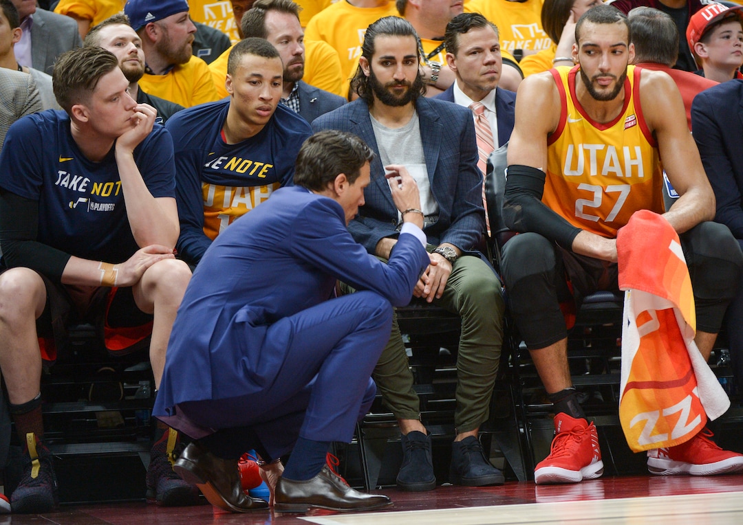 (Leah Hogsten  |  The Salt Lake Tribune)  Utah Jazz head coach Quin Snyder talks with the bench in the second half. The Houston Rockets defeated the Utah Jazz 113-92 in Game 3 of an NBA basketball second-round playoff series Friday, May 4, 2018 in Salt Lake City.