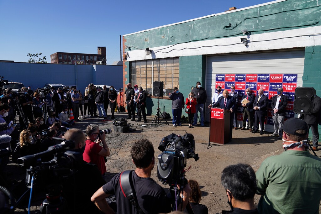 (John Minchillo | AP) Former New York mayor Rudy Giuliani, a lawyer for President Donald Trump, speaks during a news conference on legal challenges to vote counting in Pennsylvania, Saturday Nov. 7, 2020, in Philadelphia.