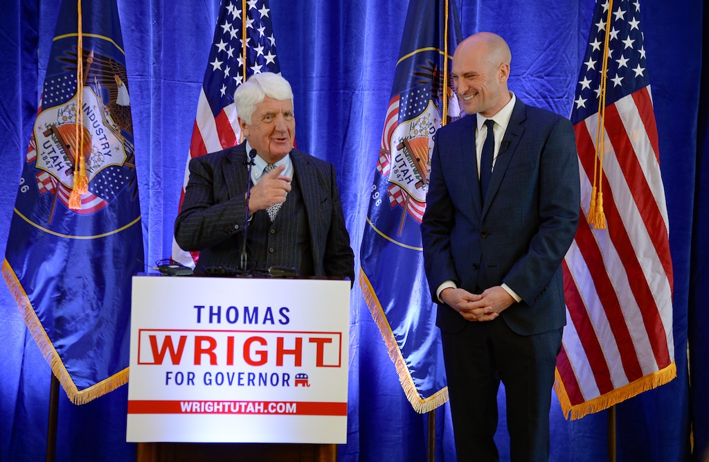 (Francisco Kjolseth | The Salt Lake Tribune) Rep. Rob Bishop, left, joins gubernatorial candidate Thomas Wright, as he is announced as his running mate in the 2020 election, during a press event at the Kem C. Gardner Policy Institute in Salt Lake City on Thursday, Jan. 16, 2020.