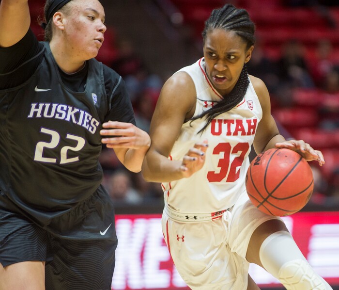 (Rick Egan  |  The Salt Lake Tribune)       Utah forward Tanaeya Boclair (32) works the ball inside, as Washington Huskies forward Khayla Rooks (22) defends, in PAC-12 women's basketball action at the Jon M. Huntsman Center, Sunday, Feb. 18, 2018.