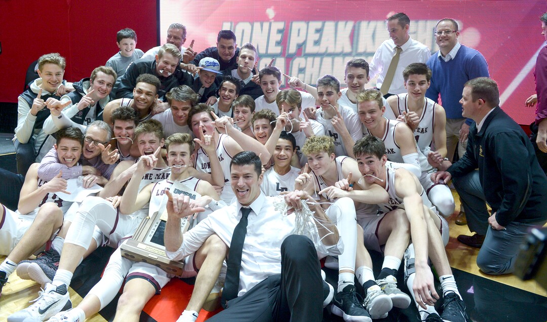 (Leah Hogsten  |  The Salt Lake Tribune) Lone Peak celebrates the win. Lone Peak defeated Pleasant Grove 61-44 to win the 6A High School BoysÕ Basketball Tournament Championship at the Jon M. Huntsman Center in Salt Lake City, Saturday, March 3, 2018. 