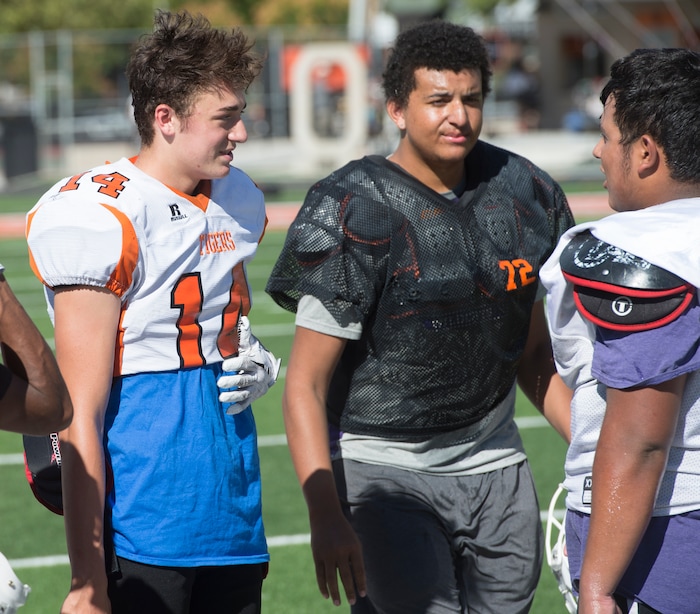 (Rick Egan  |  The Salt Lake Tribune)  Ogden football players share a laugh during practice. The mood at practice has changed after the team broke its 36-game losing streak last week. Wednesday, September 13, 2017.