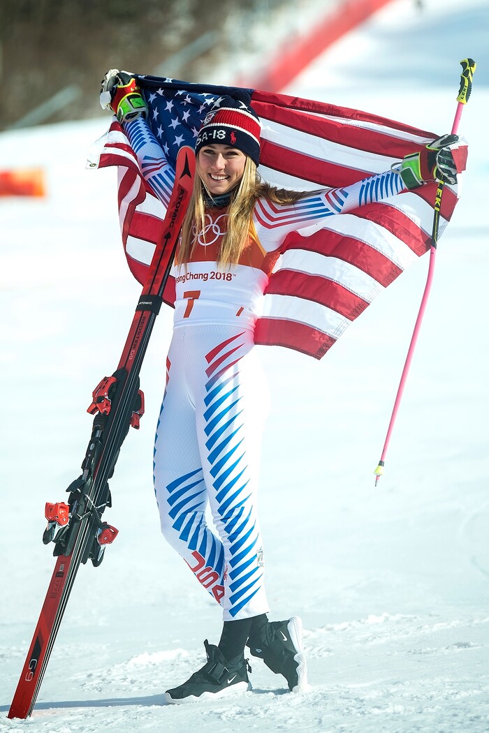 (Chris Detrick  |  The Salt Lake Tribune)  USA's Mikaela Shiffrin celebrates after winning gold in the Ladies' Giant Slalom at Yongpyong Alpine Centre during the Pyeongchang 2018 Winter Olympics Thursday, Feb. 15, 2018.  Shiffrin won the event with a time of 2:20.02.