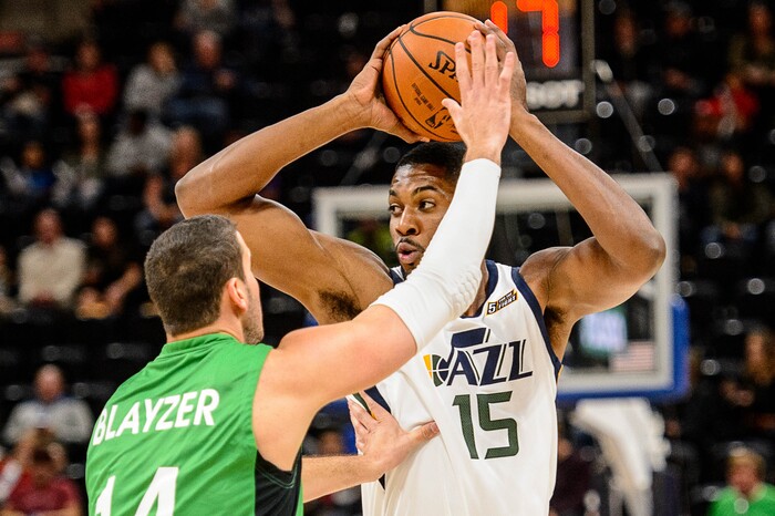 (Trent Nelson | The Salt Lake Tribune)  Utah Jazz forward Derrick Favors (15) and Maccabi Haifa's Oz Blayzer as the Utah Jazz host Maccabi Haifa, preseason NBA basketball at Vivint Smart Home Arena in Salt Lake City Wednesday October 4, 2017.