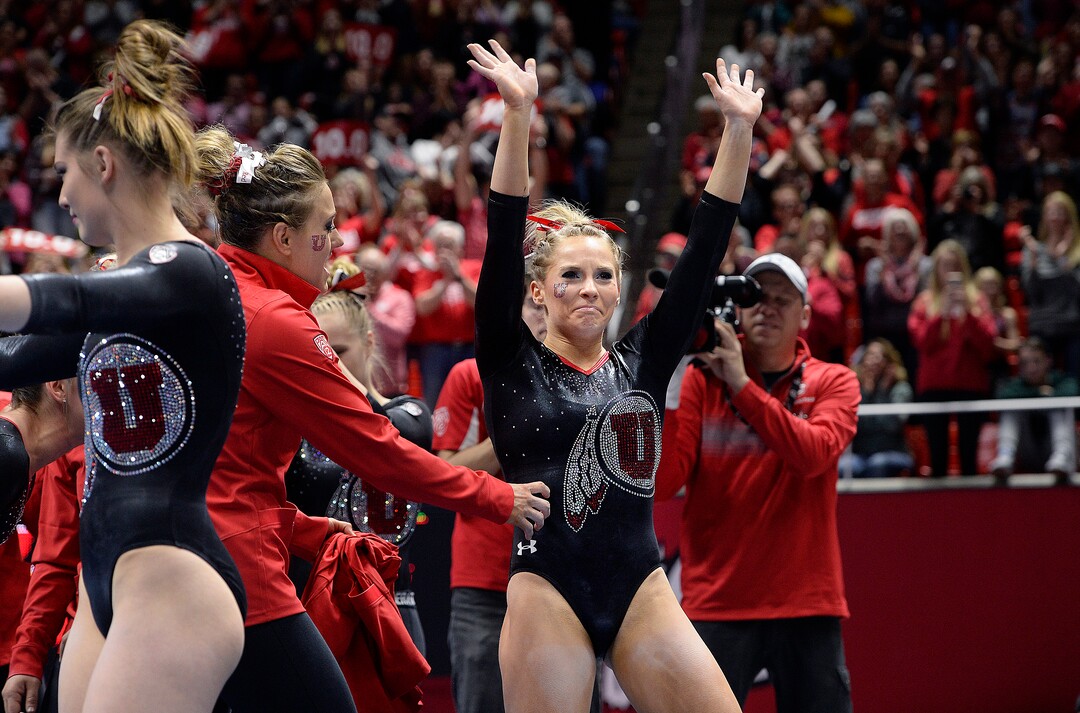 Scott Sommerdorf | The Salt Lake TribuneUtah's MyKayla Skinner and team mates react to her 10.00 score in the floor exercise. Utah outscored Stanford 197.500 to 196.275, Friday, March 3, 2017. 