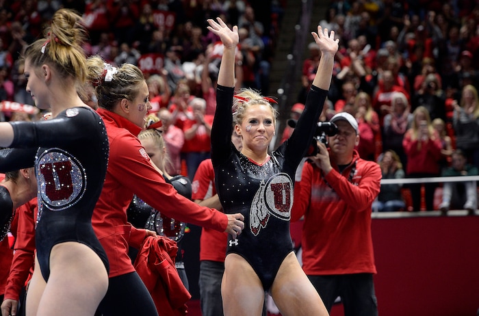 Scott Sommerdorf | The Salt Lake Tribune
Utah's MyKayla Skinner and team mates react to her 10.00 score in the floor exercise. Utah outscored Stanford 197.500 to 196.275, Friday, March 3, 2017. 