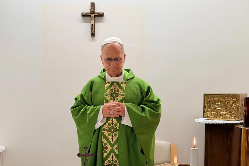 (Vatican Media via AP) This picture, released by Vatican Media on Friday, Oct. 16, 2026, shows Pope Leo XIV celebrating Mass at the Agostino Gemelli Polyclinic in Rome, where he is recovering after having cancer removed from his right lung.