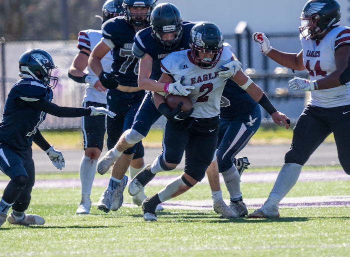 (Rick Egan | The Salt Lake Tribune) Jessaia Giatras-Moala run for the Layton Christian Academy, in 1A Football Championship action between the Duchesne Eagles and the Layton Christian Academy Eagles, at the Elizabeth Dee Shaw Stewart Stadium in Ogden, on Saturday, Nov. 13, 2021.