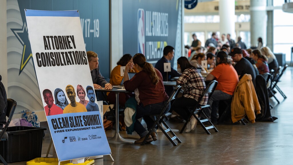 Attorneys volunteer at last month's Clean Slate Expungement Summit, working with around 400 residents to take advantage of Utah's new Clean Slate laws. (Photo courtesy Utah Jazz)