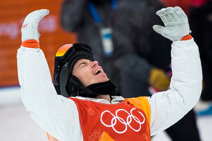 (Chris Detrick  |  The Salt Lake Tribune)  Shaun White reacts after winning gold on his run during the men's halfpipe finals at Phoenix Snow Park during the Pyeongchang 2018 Winter Olympics Wednesday, Feb. 14, 2018.  White won the event with a 97.75, his third Olympic gold medal in the halfpipe (2006, 2010, 2018).