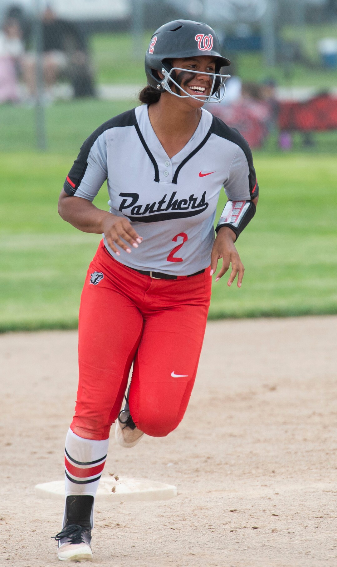 (Rick Egan  |  The Salt Lake Tribune)    Keisha White smiles as she rounds the bases after hitting a home run in 5A state championship action between the West High Panthers and the Bountiful Braves, in Taylorsville, Thursday May 30, 2019