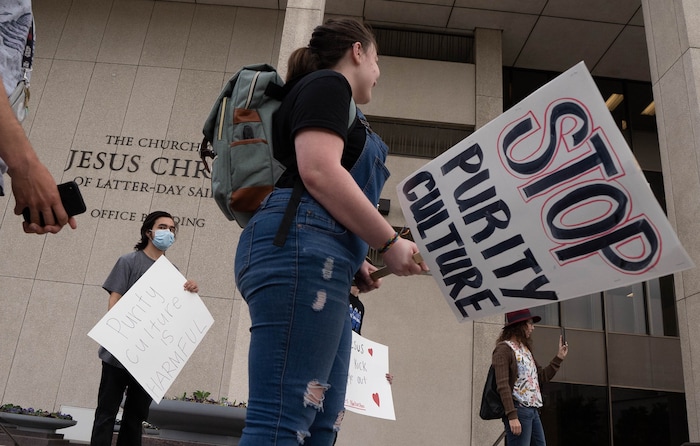 (Francisco Kjolseth | The Salt Lake Tribune) People protest to petition the First Presidency to repeal the excommunication of Natasha Helfer, a sex therapist who lost her membership in The Church of Jesus Christ of Latter-day Saints. "Out of respect for Natasha, this is a protest against the decision of the council, not a protest against the Church,” as they gathered outside the Church offices in a peaceful protest on Friday, May 7, 2021.