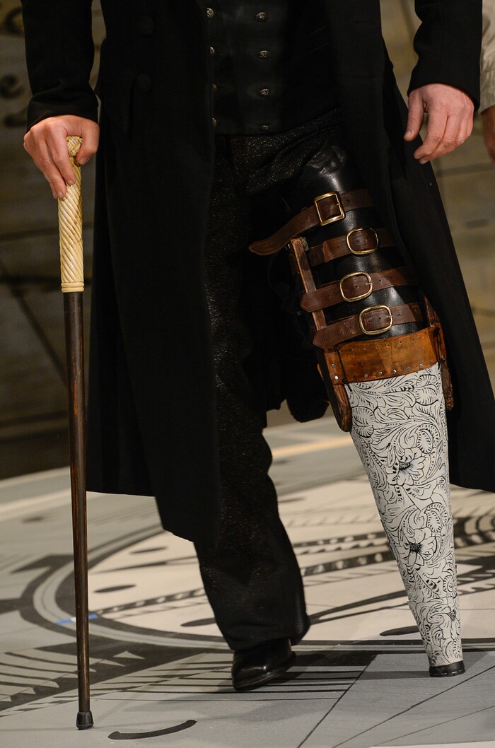 (Francisco Kjolseth  |  The Salt Lake Tribune)  Roger Honeywell navigates the stage of Utah Opera's "Moby-Dick" on a prosthetic peg leg. The singer, who portrays Captain Ahab in Jake Heggie's 21st-century opera based on the classic Herman Melville novel, has his left leg strapped behind him for every performance. He says the constant pain helps him get inside his character's head.