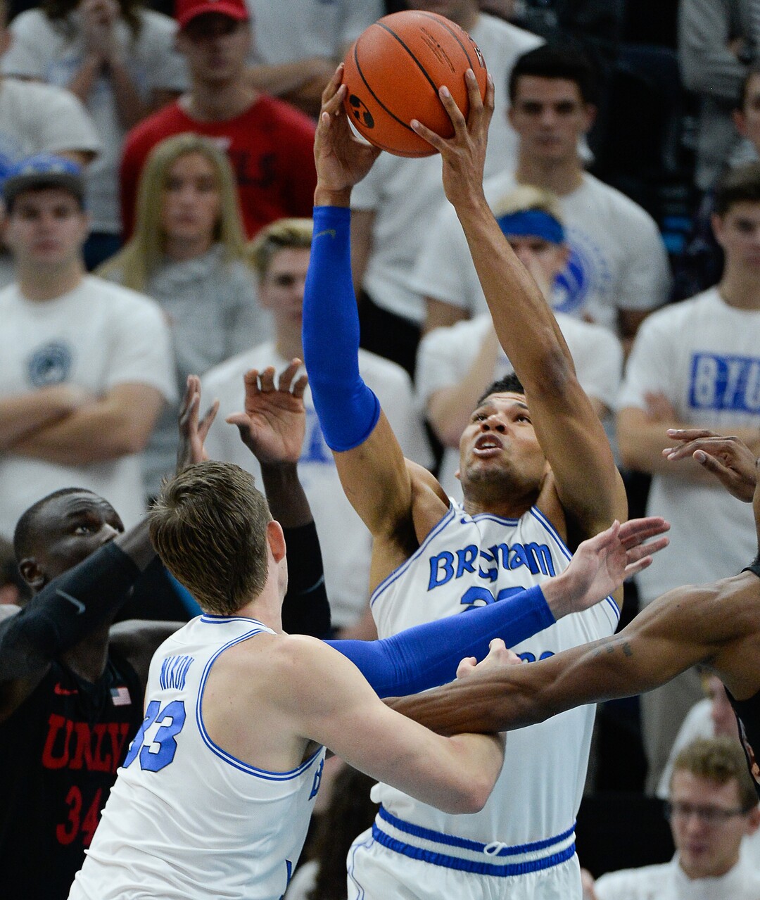 (Francisco Kjolseth  |  The Salt Lake Tribune)  Brigham Young Cougars forward Yoeli Childs (23) gets the rebound as BYU takes on UNLV in men's NCAA basketball at Vivint Smart Home Arena in Salt Lake City on Sat. Dec. 7, 2019.