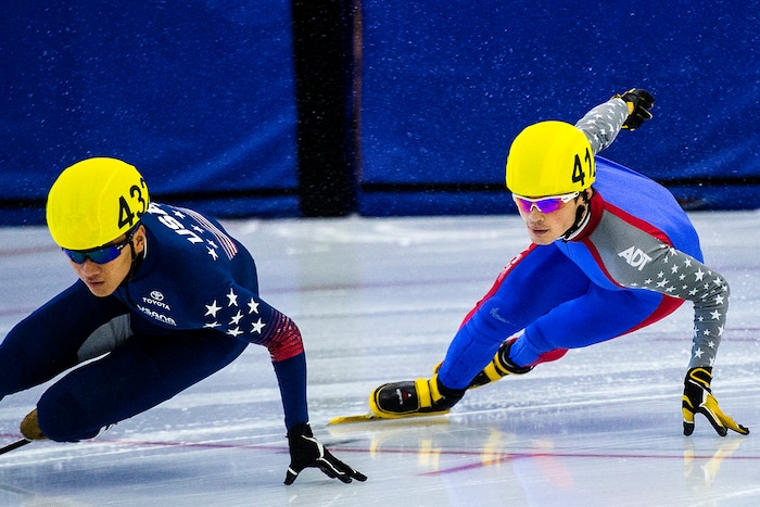 (Chris Detrick  |  The Salt Lake Tribune) John-Henry Krueger (418) and Aaron Tran (432) compete in the US Short Track Fall World Cup Qualifier at the Utah Olympic Oval Saturday, August 19, 2017. 