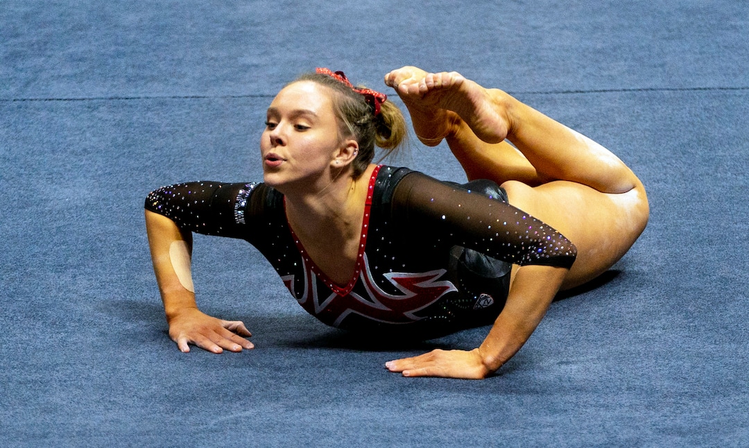 (Rick Egan | The Salt Lake Tribune)   Maile O'Keefe competes on the floor, in PAC-12 gymnastics action between The University of Washington and The University of Utah at Jon M. Huntsman Center in Salt Lake City, on Saturday, Jan. 30, 2021.