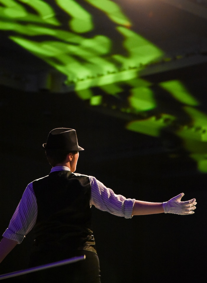(Francisco Kjolseth  |  The Salt Lake Tribune)  Ell Tingey, dressed as her stage name Nathaniel Jackson, lip syncs Frank Sinatra's New York, New York as Utah State University hosts their very first drag show recently. 