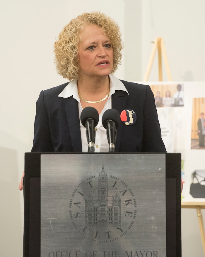 (Rick Egan  |  The Salt Lake Tribune)   Salt Lake City Mayor Jackie Biskupski gives the State of the City address at the Horizonte Instruction and Training Center, Wednesday, January 31, 2018.



