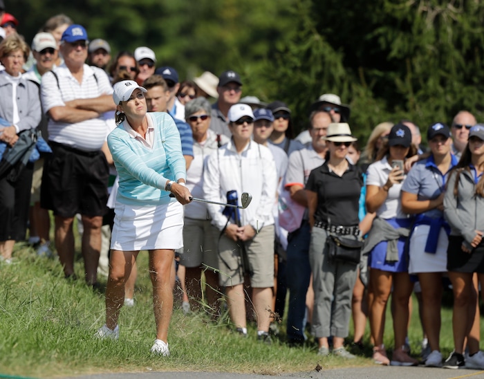 Cristie Kerr hits to the fifth green during the final round of the Indy Women in Tech Championship golf tournament, Saturday, Sept. 9, 2017, in Indianapolis. (AP Photo/Darron Cummings)