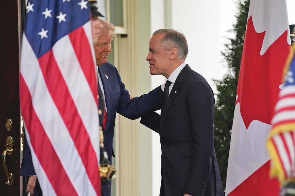 President Donald Trump greets Canadian Prime Minister Mark Carney at the White House, Tuesday, May 6, 2025, in Washington. (AP Photo/Evan Vucci)