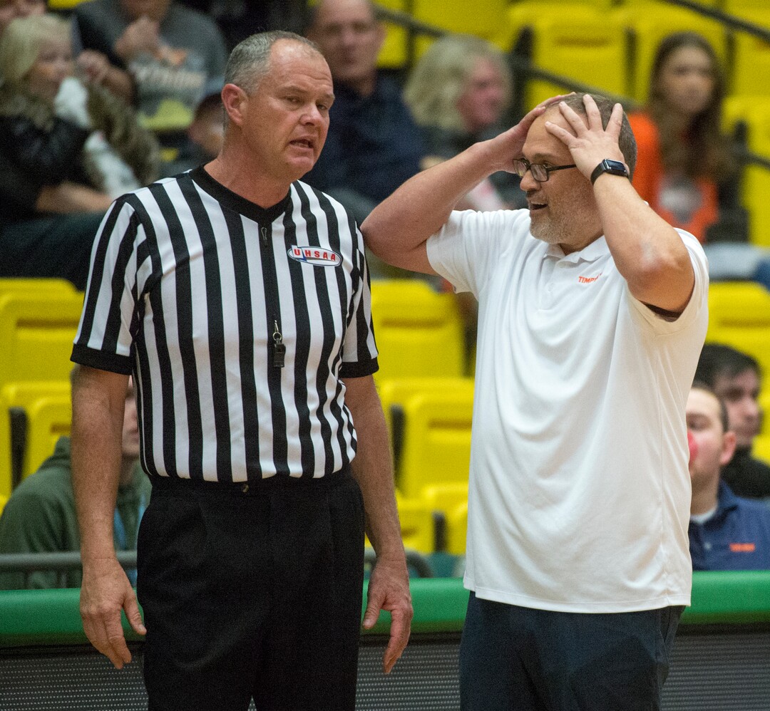 (Rick Egan  |  The Salt Lake Tribune)   Timpview Thunderbirds  Kevin Santiago reacts as Timpview gets called for a foul. Officials called 23 fouls on Timpview, and 11 on Skyline, in 5A basketball playoff action between the Timpview Thunderbirds and at the Skyline Eagles, at the UCCU Center in Orem, Monday, Feb. 26, 2018.