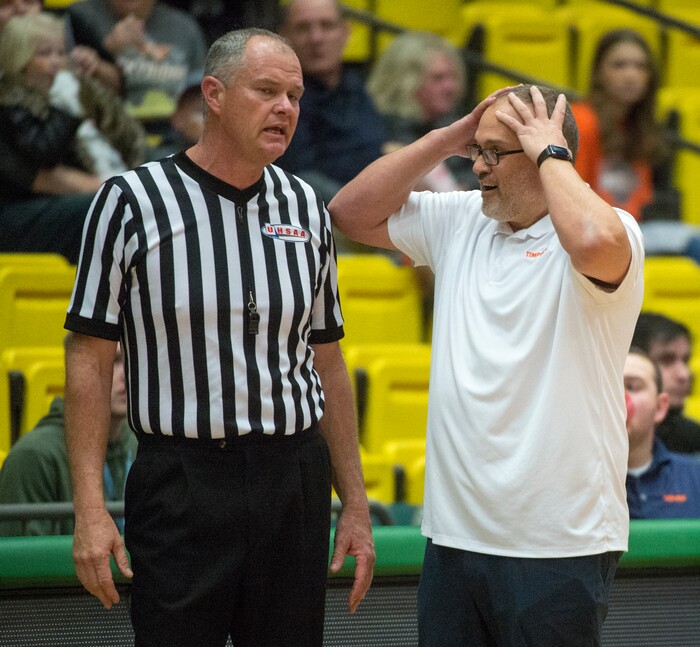 (Rick Egan | The Salt Lake Tribune) Timpview Thunderbirds Kevin Santiago reacts as Timpview gets called for a foul. Officials called 23 fouls on Timpview, and 11 on Skyline, in 5A basketball playoff action between the Timpview Thunderbirds and at the Skyline Eagles, at the UCCU Center in Orem, Monday, Feb. 26, 2018.