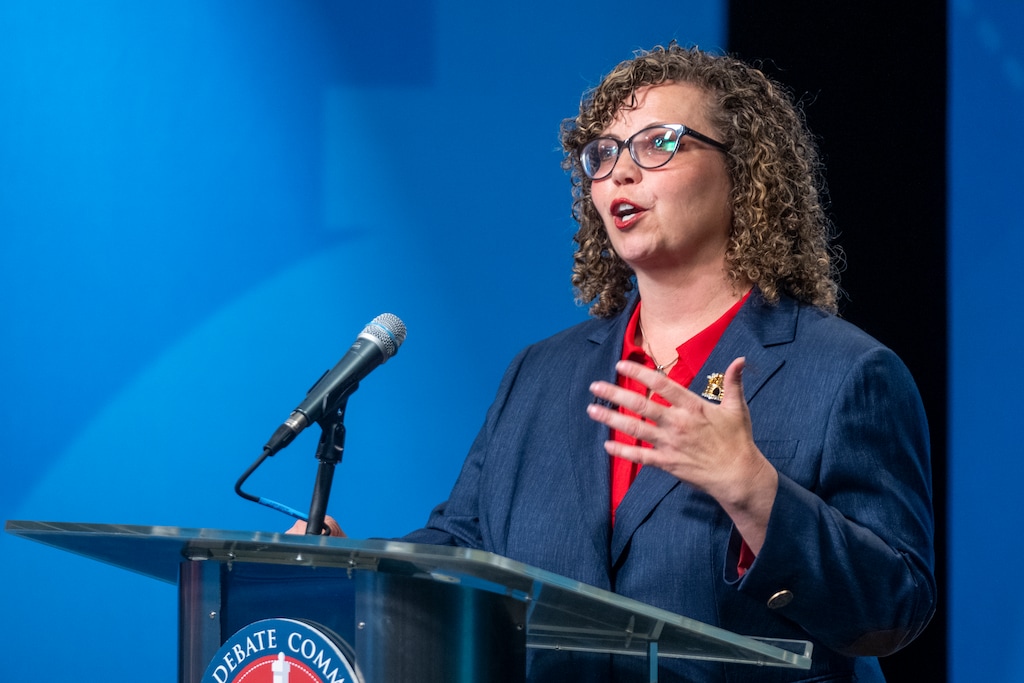 (Rick Egan | The Salt Lake Tribune) Celeste Maloy answers a question during the 3rd Congressional District GOP debate with Phil Lyman in Salt Lake City on Monday, June 1, 2026.